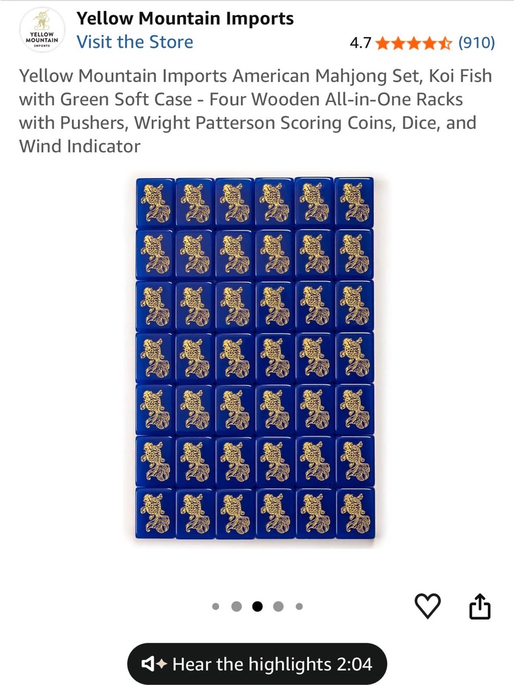 Blue Mahjong Tile Set with Gold Koi Design